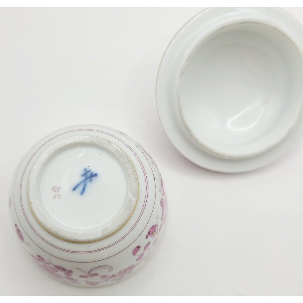 Meissen Indian Flower Pink Sugar Bowl Trinket Dish Pill Box Underside Flaw - Picture 9 of 12
